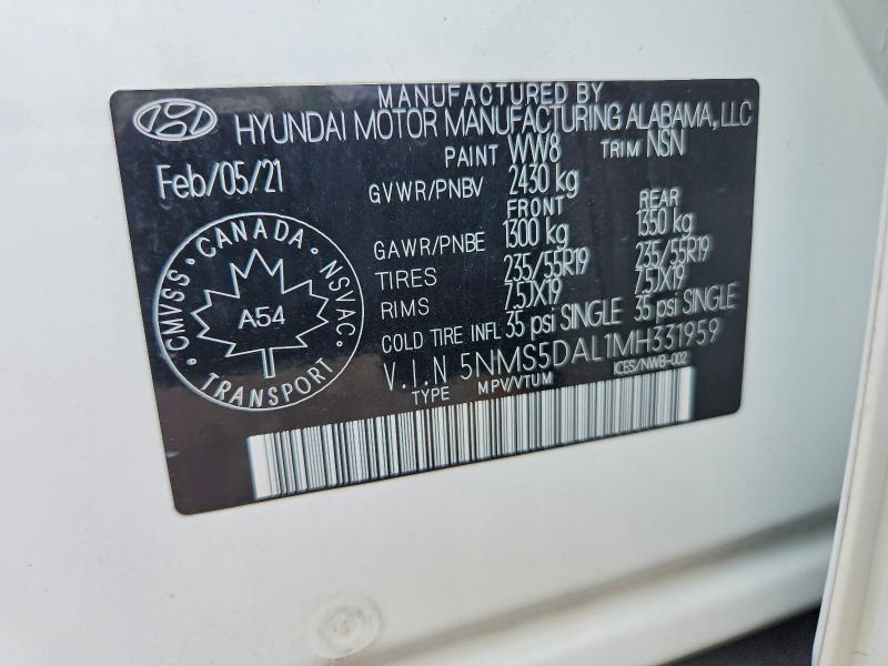 2021 Hyundai Santa Fe მანქანა იყიდება აუქციონზე, vin: 5NMS5DAL1MH331959, აუქციონის ნომერი: 65899916