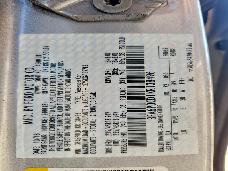 2019 Ford Fusion მანქანა იყიდება აუქციონზე, vin: 3FA6P0CD1KR138496, აუქციონის ნომერი: 65407096