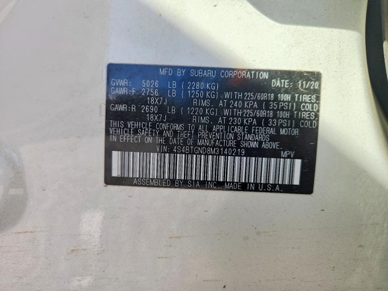 66037576 :رقم المزاد ، 4S4BTGND8M3140219 vin ، 2021 Subaru Outback مزاد بيع