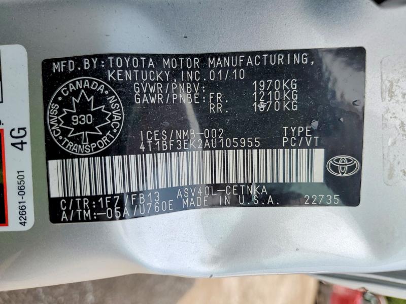 2010 Toyota Camry მანქანა იყიდება აუქციონზე, vin: 4T1BF3EK2AU105955, აუქციონის ნომერი: 64116926