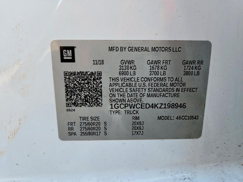 Aukcja sprzedaży 2019 Chevrolet Silverado, vin: 1GCPWCED4KZ198946, numer aukcji: 65175876
