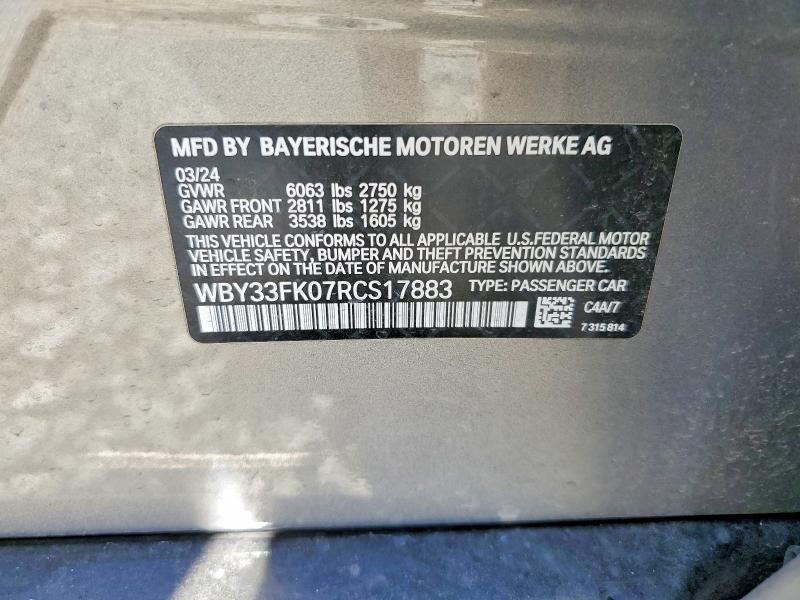 2024 Bmw I5 მანქანა იყიდება აუქციონზე, vin: WBY33FK07RCS17883, აუქციონის ნომერი: 63337006