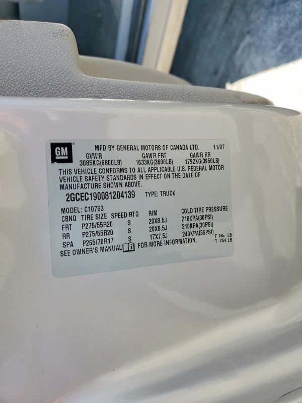 2008 Chevrolet Silverado მანქანა იყიდება აუქციონზე, vin: 2GCEC190081204139, აუქციონის ნომერი: 67194016
