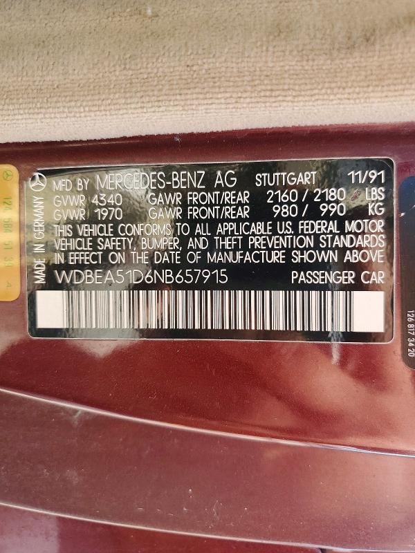 63934186 :رقم المزاد ، WDBEA51D6NB657915 vin ، 1992 Mercedes-benz 300 مزاد بيع