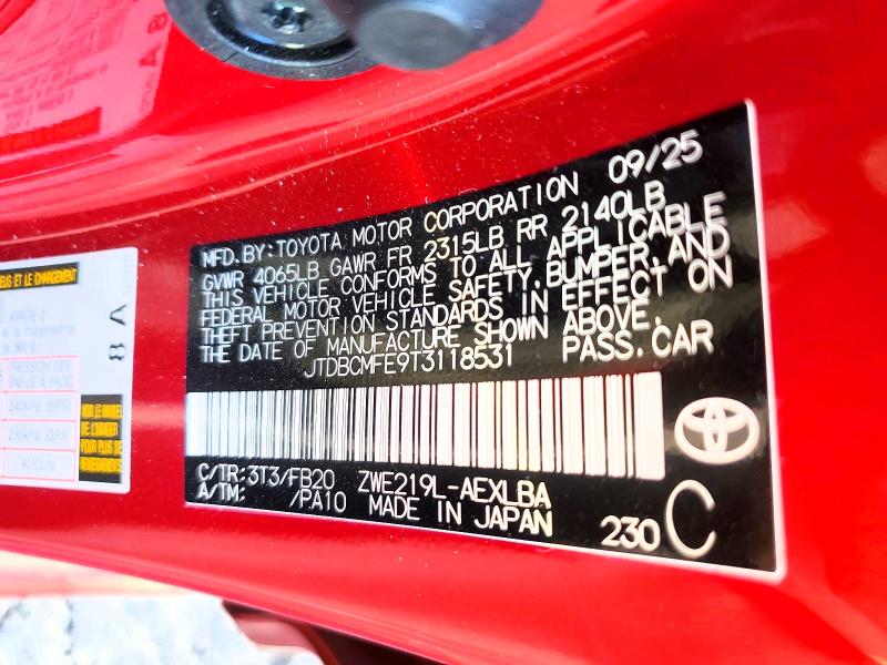 Aukcja sprzedaży 2026 Toyota Corolla Hybrid, vin: JTDBCMFE9T3118531, numer aukcji: 66728546