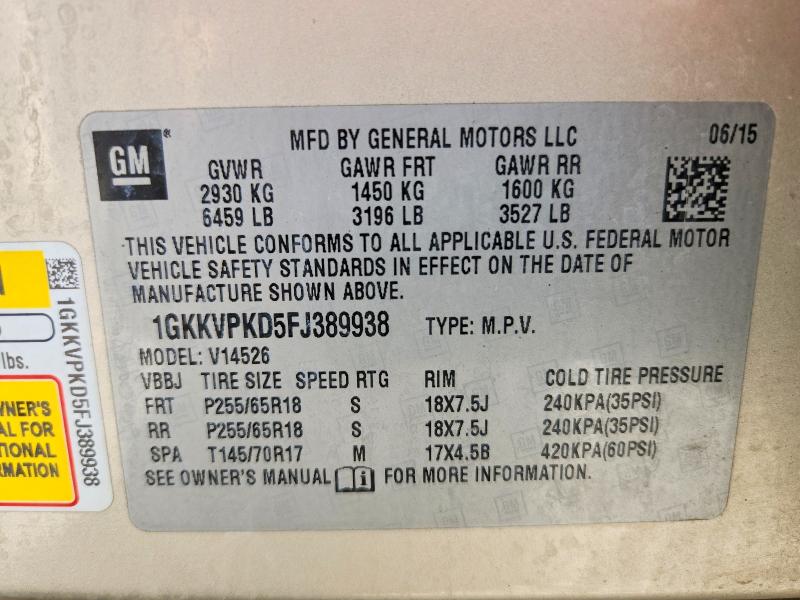 65994646 :رقم المزاد ، 1GKKVPKD5FJ389938 vin ، 2015 Gmc Acadia مزاد بيع