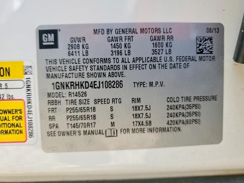 2014 Chevrolet Traverse მანქანა იყიდება აუქციონზე, vin: 1GNKRHKD4EJ108286, აუქციონის ნომერი: 64225006