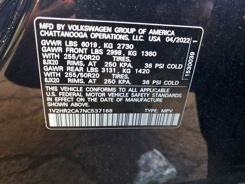 2022 Volkswagen Atlas მანქანა იყიდება აუქციონზე, vin: 1V2HR2CA7NC537168, აუქციონის ნომერი: 64961446