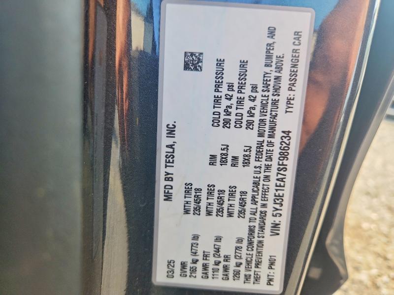 Aukcja sprzedaży 2025 Tesla Model 3, vin: 5YJ3E1EA7SF986234, numer aukcji: 64319166