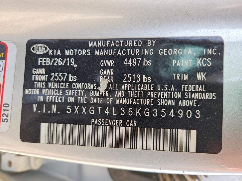 2019 Kia Optima მანქანა იყიდება აუქციონზე, vin: 5XXGT4L36KG354903, აუქციონის ნომერი: 64800056