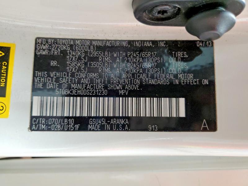 Продажа на аукционе авто 2013 Toyota Highlander, vin: 5TDBK3EH0DS231230, номер лота: 65293076