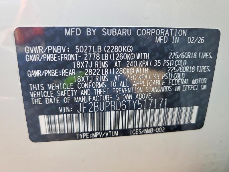 65326496 :رقم المزاد ، JF2BUPBD6TY517171 vin ، 2026 Subaru Outback مزاد بيع