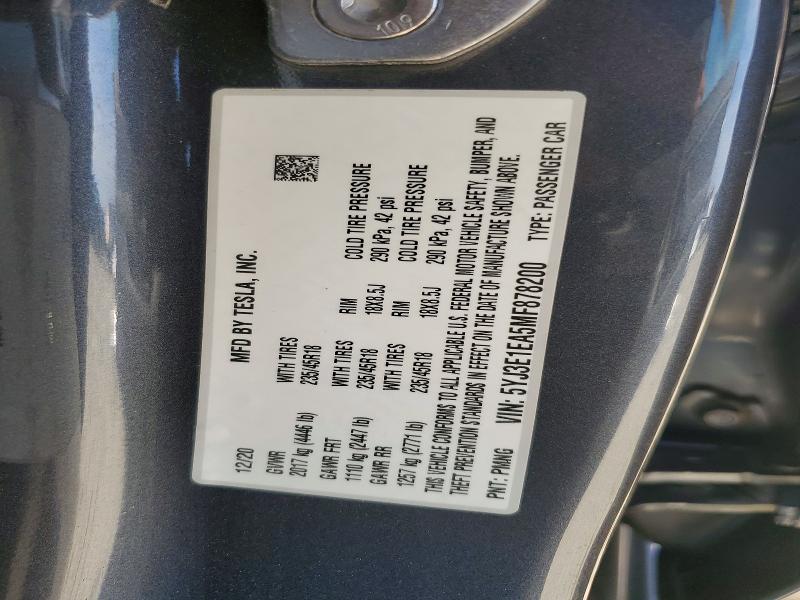 66114806 :رقم المزاد ، 5YJ3E1EA5MF878200 vin ، 2021 Tesla Model 3 مزاد بيع