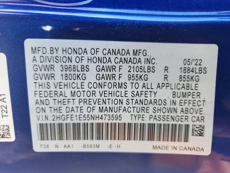 Aukcja sprzedaży 2022 Honda Civic, vin: 2HGFE1E55NH473595, numer aukcji: 63766666