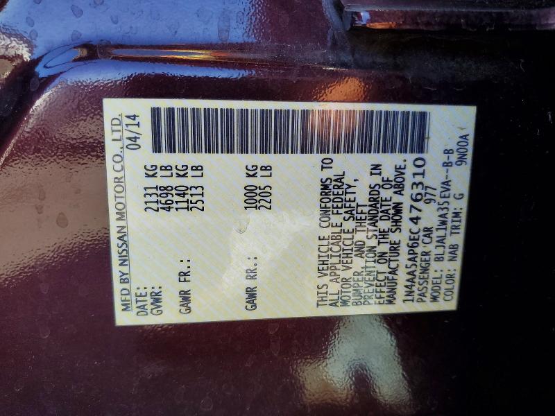 Продаж на аукціоні авто 2014 Nissan Maxima, vin: 1N4AA5AP6EC476310, номер лоту: 64281046