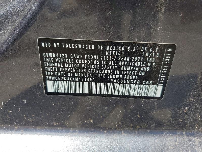 2019 Volkswagen Jetta მანქანა იყიდება აუქციონზე, vin: 3VWC57BUXKM121493, აუქციონის ნომერი: 63577276