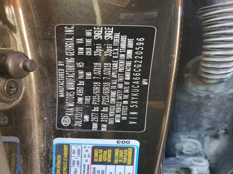 65813146 :رقم المزاد ، 5XYKUCA66CG220596 vin ، 2012 Kia Sorento مزاد بيع
