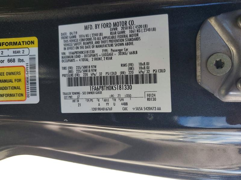 Продажа на аукционе авто 2019 Ford Mustang, vin: 1FA6P8TH0K5181330, номер лота: 65602776