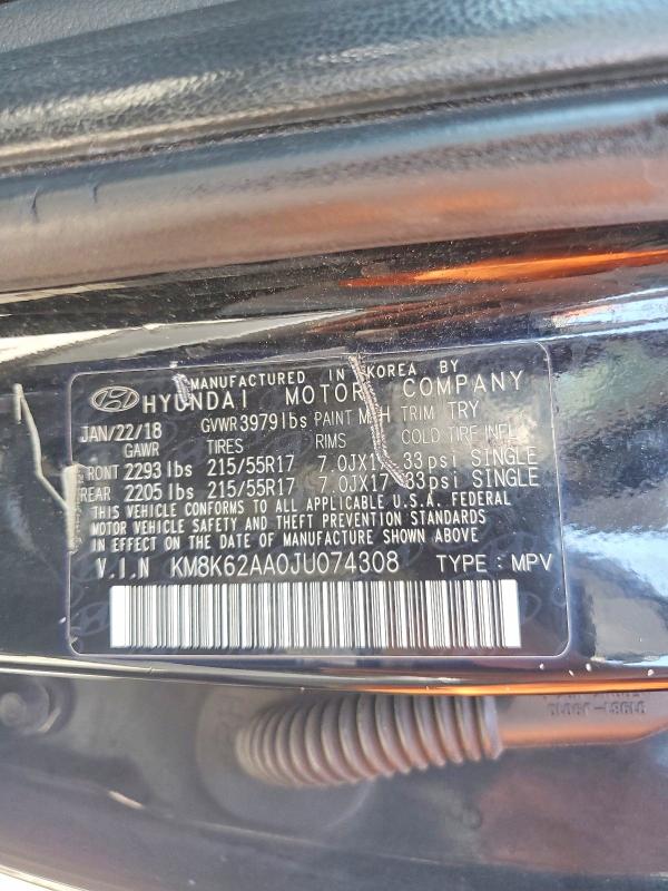 63414866 :رقم المزاد ، KM8K62AA0JU074308 vin ، 2018 Hyundai Kona مزاد بيع