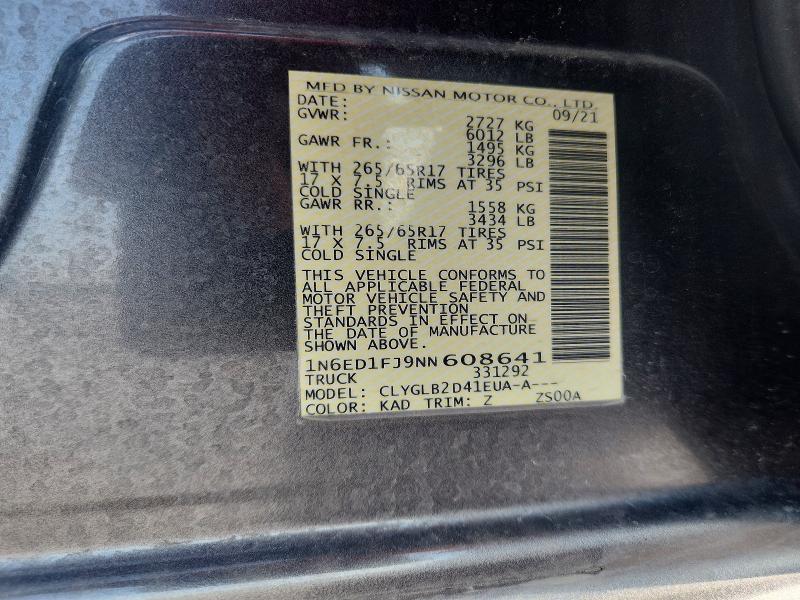 2022 Nissan Frontier მანქანა იყიდება აუქციონზე, vin: 1N6ED1FJ9NN608641, აუქციონის ნომერი: 66931746