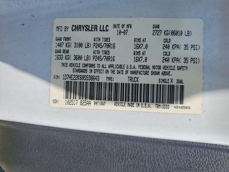 Auction sale of the 2008 Dodge Dakota, vin: 1D7HE22K68S538643, lot number: 67086616