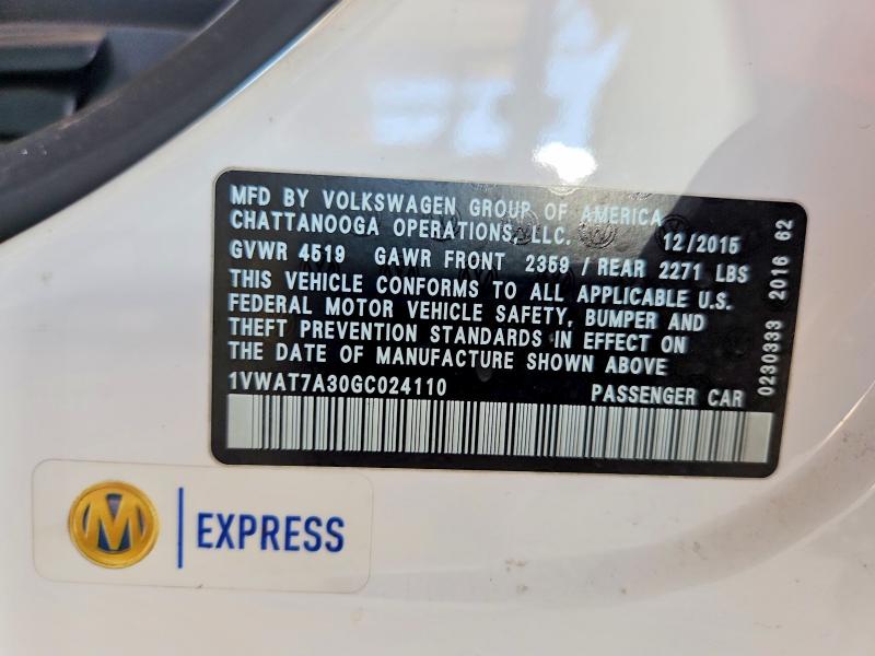 Aukcja sprzedaży 2016 Volkswagen Passat, vin: 1VWAT7A30GC024110, numer aukcji: 66478616