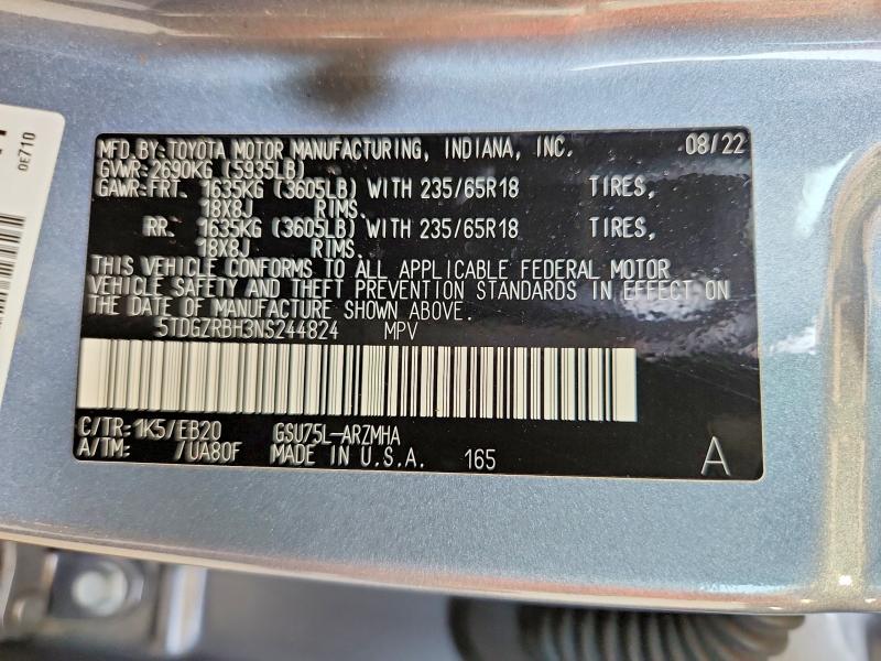 Aukcja sprzedaży 2022 Toyota Highlander, vin: 5TDGZRBH3NS244824, numer aukcji: 64244056