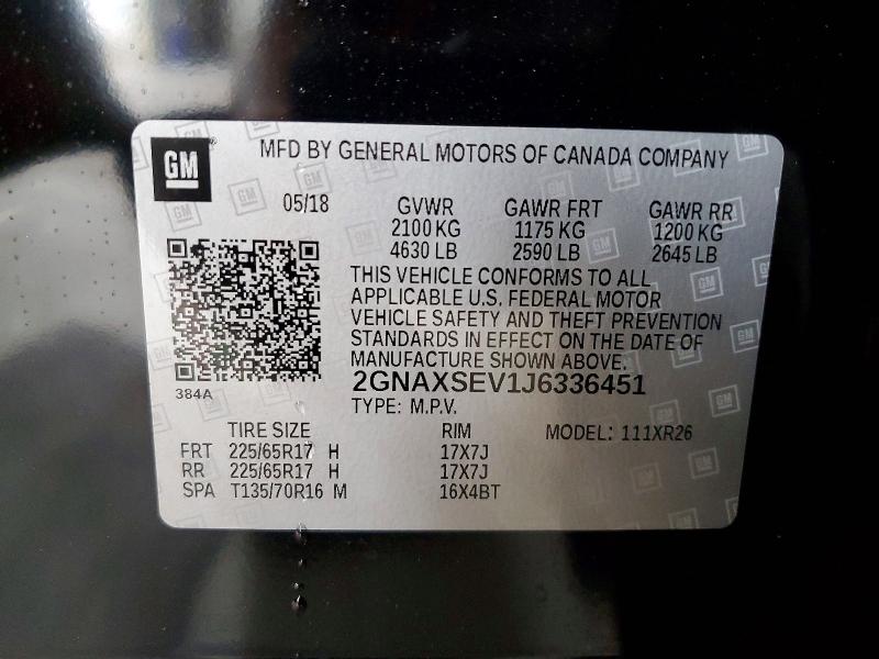 Aukcja sprzedaży 2018 Chevrolet Equinox, vin: 2GNAXSEV1J6336451, numer aukcji: 65801916