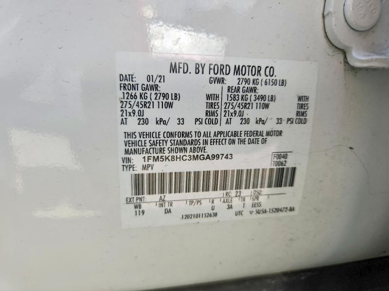66903626 :رقم المزاد ، 1FM5K8HC3MGA99743 vin ، 2021 Ford Explorer مزاد بيع