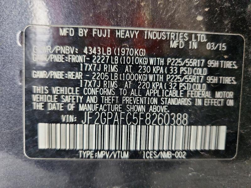 Продаж на аукціоні авто 2015 Subaru Xv Crosstrek, vin: JF2GPAFC5F8260388, номер лоту: 65377026