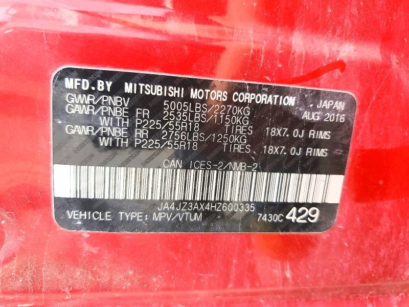 Aukcja sprzedaży 2017 Mitsubishi Outlander, vin: JA4JZ3AX4HZ600335, numer aukcji: 62016406