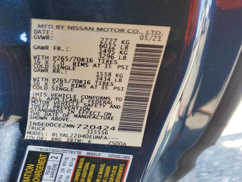 2021 Nissan Frontier მანქანა იყიდება აუქციონზე, vin: 1N6ED0CE2MN720424, აუქციონის ნომერი: 65174506