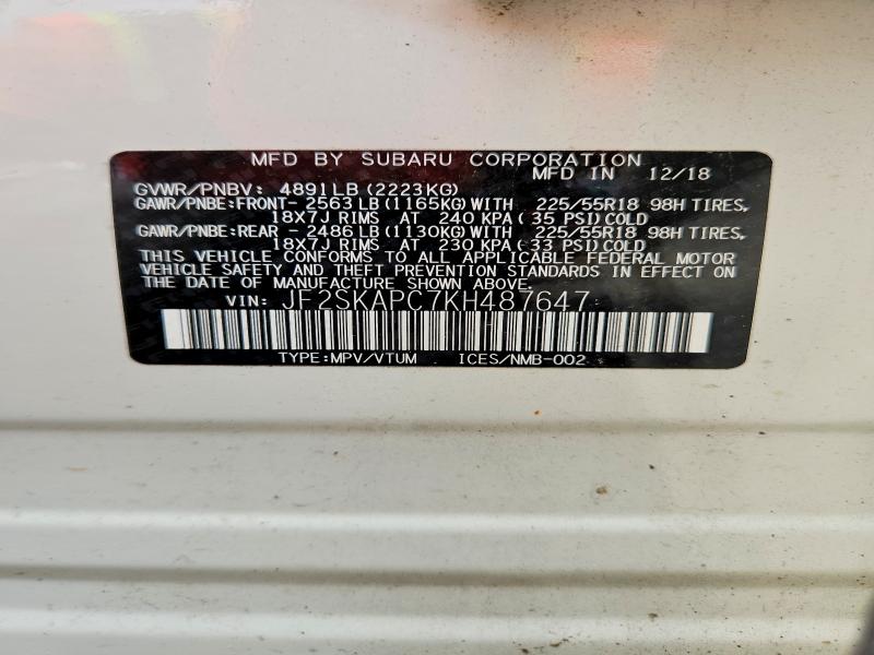 Aukcja sprzedaży 2019 Subaru Forester, vin: JF2SKAPC7KH487647, numer aukcji: 65070806