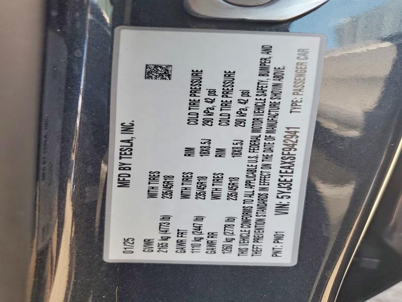 64778716 :رقم المزاد ، 5YJ3E1EAXSF942941 vin ، 2025 Tesla Model 3 مزاد بيع
