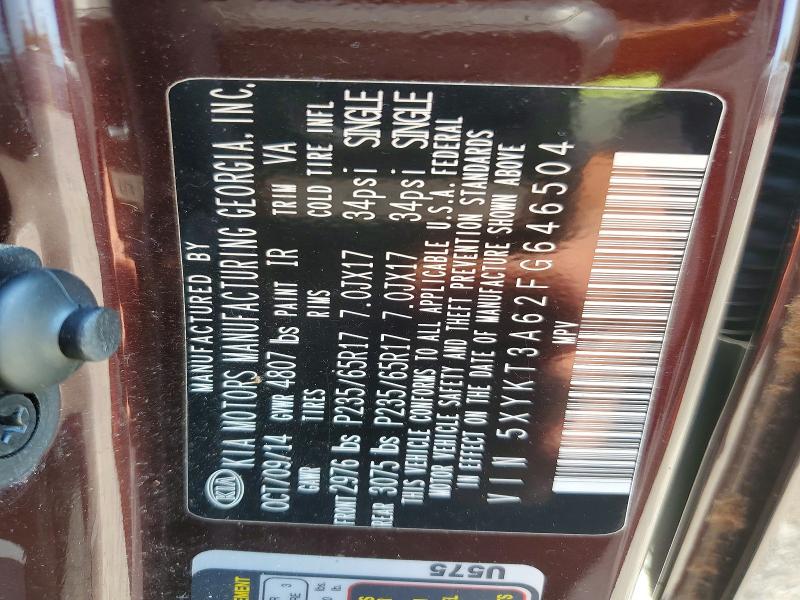 66630016 :رقم المزاد ، 5XYKT3A62FG646504 vin ، 2015 Kia Sorento مزاد بيع