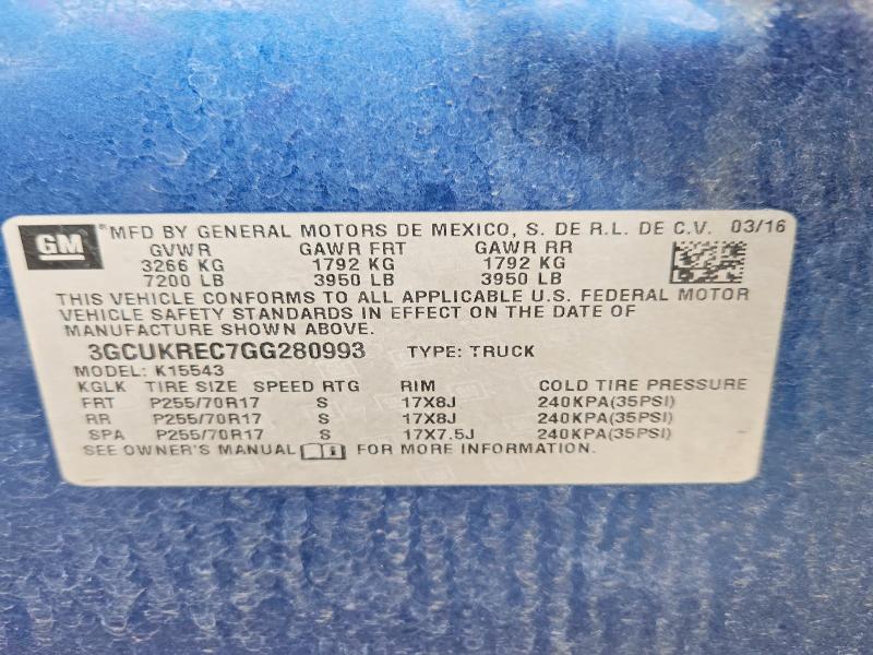 65042446 :رقم المزاد ، 3GCUKREC7GG280993 vin ، 2016 Chevrolet Silverado مزاد بيع