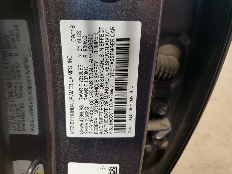 65004626 :رقم المزاد ، 1HGCV1F16JA234452 vin ، 2018 Honda Accord مزاد بيع