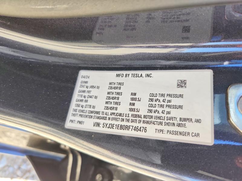 2024 Tesla Model 3 მანქანა იყიდება აუქციონზე, vin: 5YJ3E1EB0RF746476, აუქციონის ნომერი: 63814966