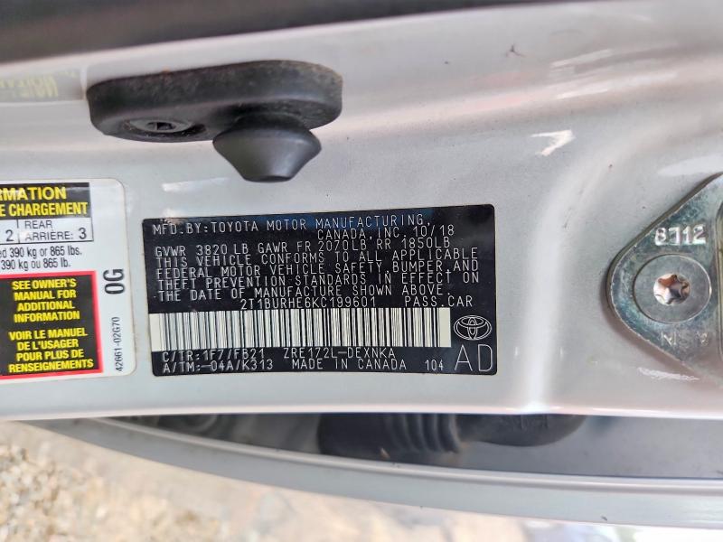 2019 Toyota Corolla მანქანა იყიდება აუქციონზე, vin: 2T1BURHE6KC199601, აუქციონის ნომერი: 63028416