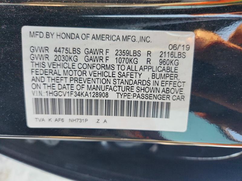 Aukcja sprzedaży 2019 Honda Accord, vin: 1HGCV1F34KA128908, numer aukcji: 64991066