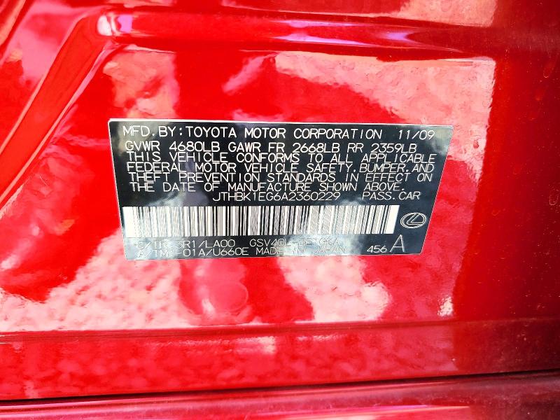 Aukcja sprzedaży 2010 Lexus Es, vin: JTHBK1EG6A2360229, numer aukcji: 63913906