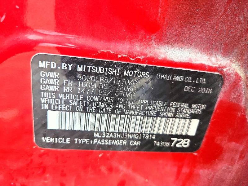 2017 Mitsubishi Mirage მანქანა იყიდება აუქციონზე, vin: ML32A3HJ3HH017914, აუქციონის ნომერი: 63705006