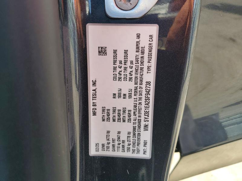 64966366 :رقم المزاد ، 5YJ3E1EA2SF942738 vin ، 2025 Tesla Model 3 مزاد بيع