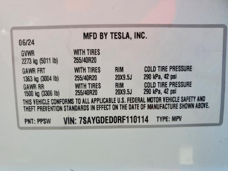 Aukcja sprzedaży 2024 Tesla Model Y, vin: 7SAYGDED0RF110114, numer aukcji: 65401026