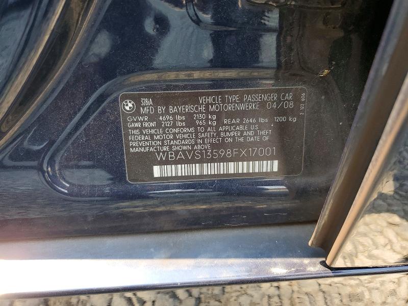 2008 Bmw 328 მანქანა იყიდება აუქციონზე, vin: WBAVS13598FX17001, აუქციონის ნომერი: 63992306