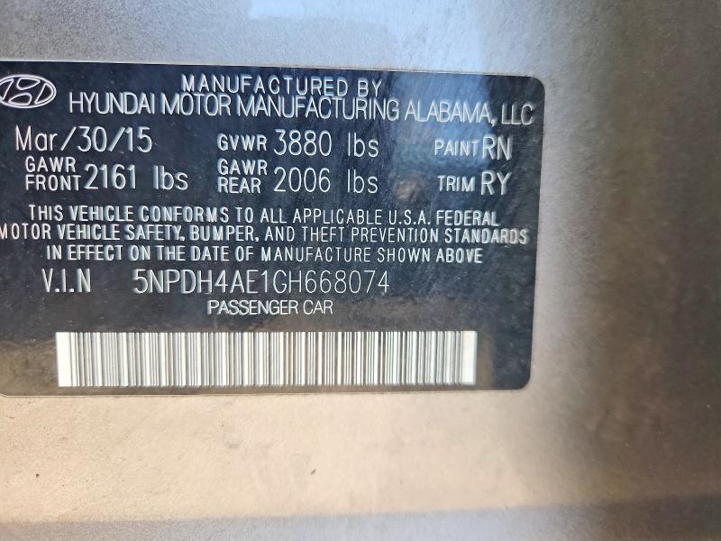 Продаж на аукціоні авто 2016 Hyundai Elantra, vin: 5NPDH4AE1GH668074, номер лоту: 65257656