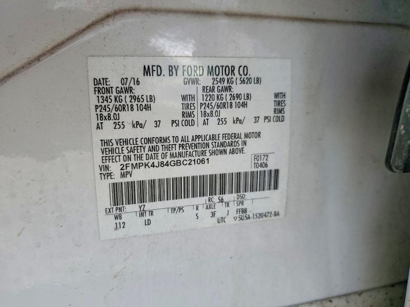 64476836 :رقم المزاد ، 2FMPK4J84GBC21061 vin ، 2016 Ford Edge مزاد بيع