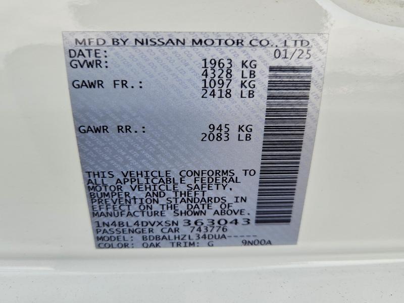 2025 Nissan Altima მანქანა იყიდება აუქციონზე, vin: 1N4BL4DVXSN363043, აუქციონის ნომერი: 64754336
