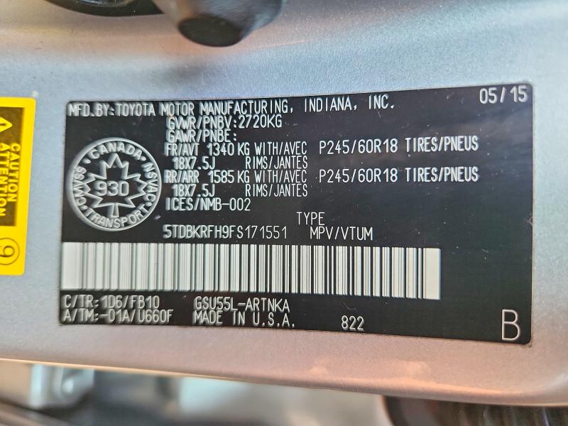 Продаж на аукціоні авто 2015 Toyota Highlander, vin: 5TDBKRFH9FS171551, номер лоту: 65725856