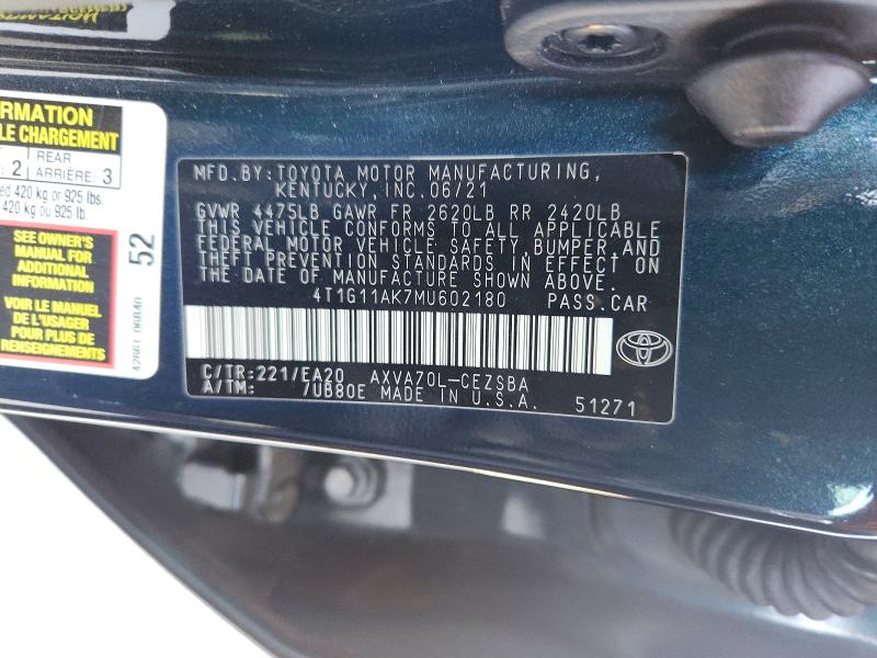 2021 Toyota Camry მანქანა იყიდება აუქციონზე, vin: 4T1G11AK7MU602180, აუქციონის ნომერი: 64231496